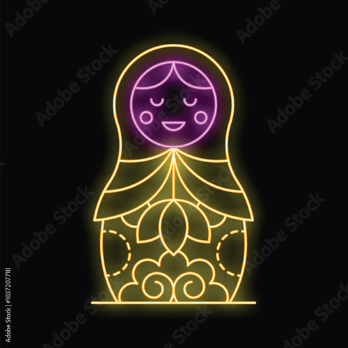Neon sign representing a matryoshka doll with floral decoration, perfect illustration for concepts like russia, souvenir or toy