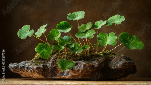 Vibrant green leaves of wild ginger plant growing on a moss-covered log, creating a natural miniature garden against a dark rustic background.