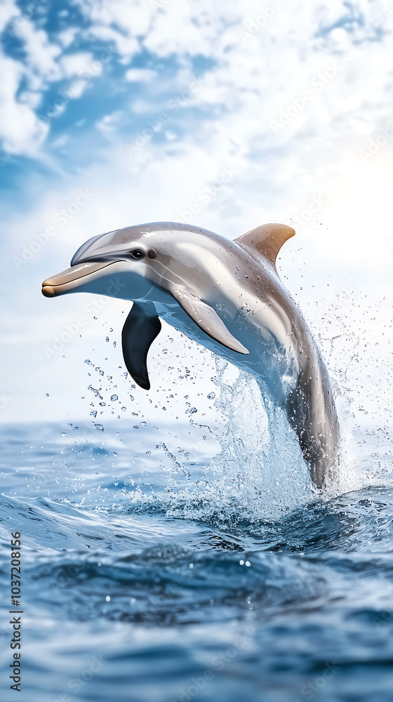 Fototapeta premium A majestic dolphin leaping through crystal clear waters under a vibrant sky