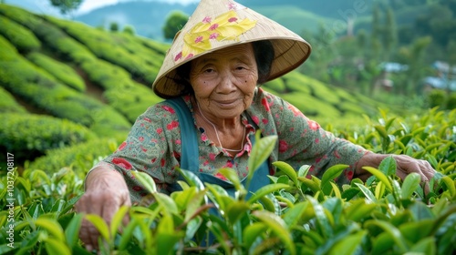 A woman in a flowery hat is working in a field of tea plants