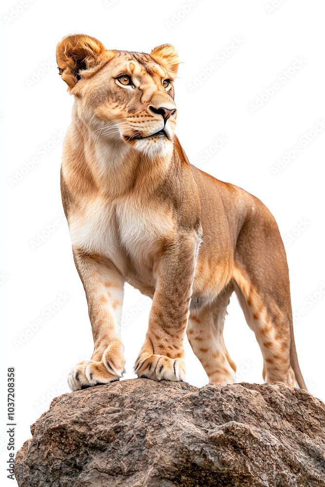 Obraz premium Majestic lioness standing proudly on a rocky outcrop symbolizing strength and grace in the wilderness
