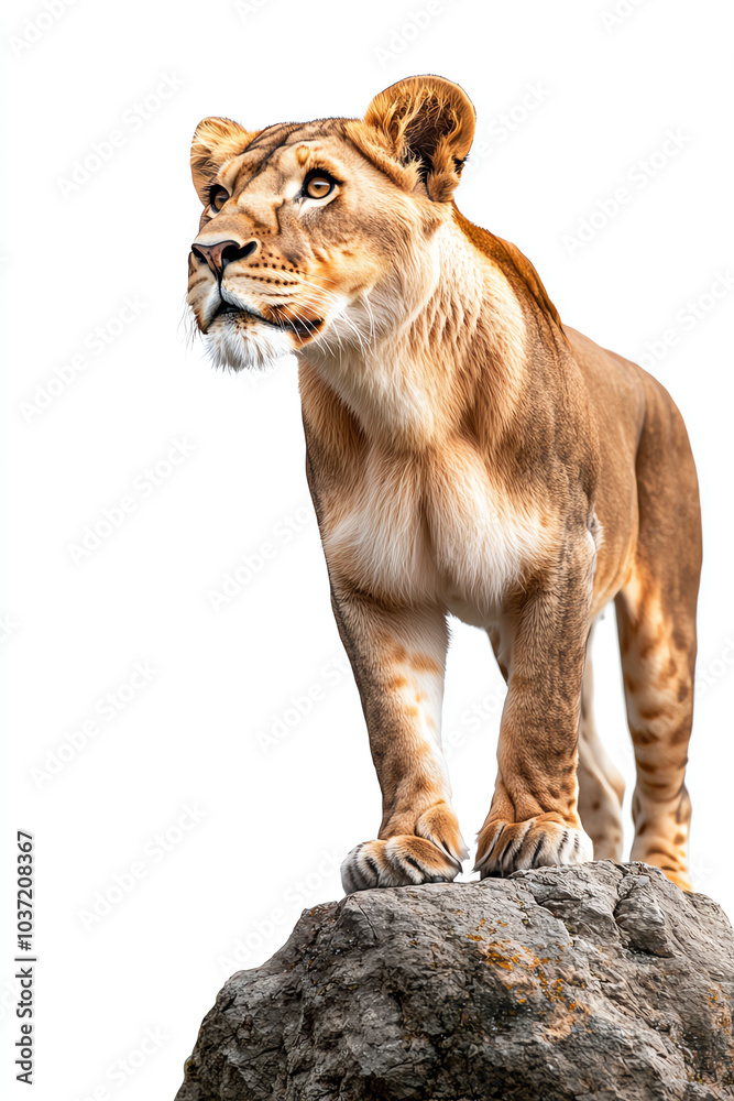 Obraz premium Majestic lioness standing proudly on a rocky outcrop against a clear background