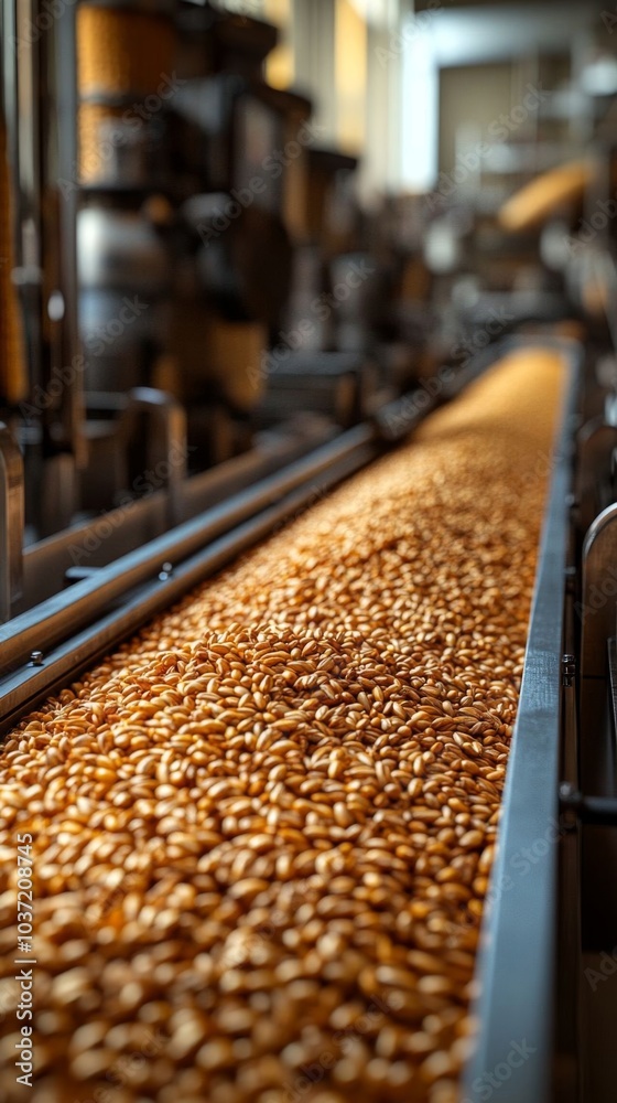 Barley grains on a conveyor belt. Barley grains on a conveyor belt.