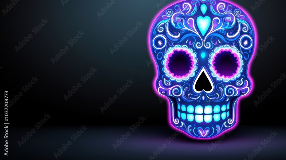 Fototapeta premium A vibrant, decorative skull with intricate patterns and glowing colors, set against a dark background, creating a striking and festive appearance.