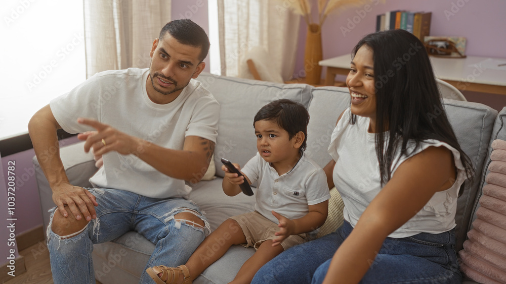 Family watching television together in a cozy living room featuring a man, woman, and child enjoying quality time indoors Family watching television together in a cozy living room featuring a man, woman, and child enjoying quality time indoors