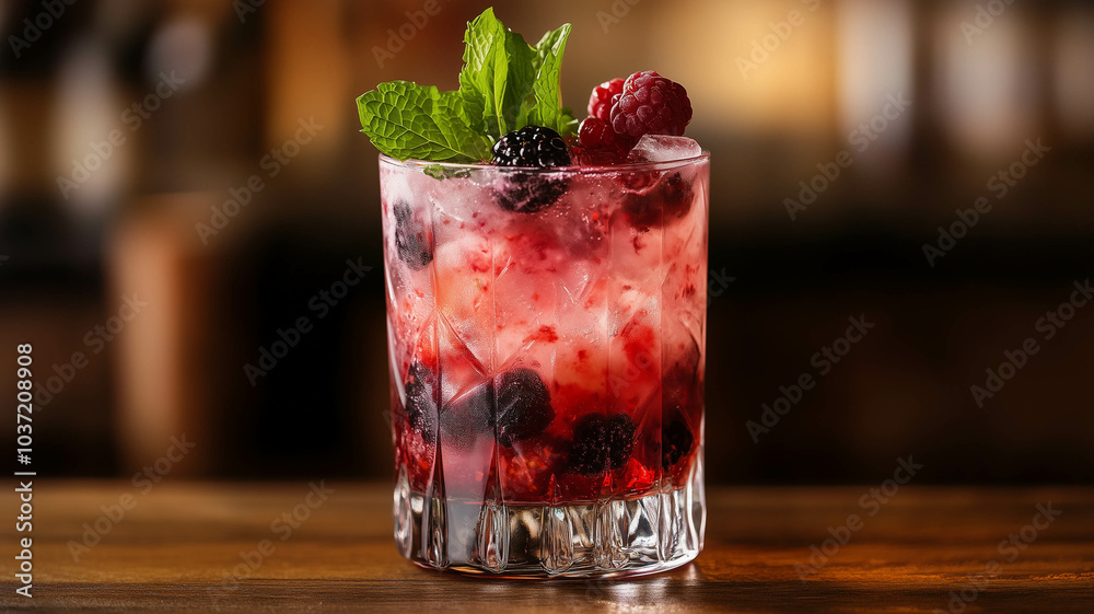 A cooling cocktail with a mix of berries and fresh mint, served in a clear glass, in a wooden table A cooling cocktail with a mix of berries and fresh mint, served in a clear glass, in a wooden table
