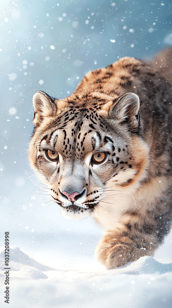 Obraz premium Majestic snow leopard in a winter wonderland unraveling the beauty of nature's hunters amidst falling snowflakes