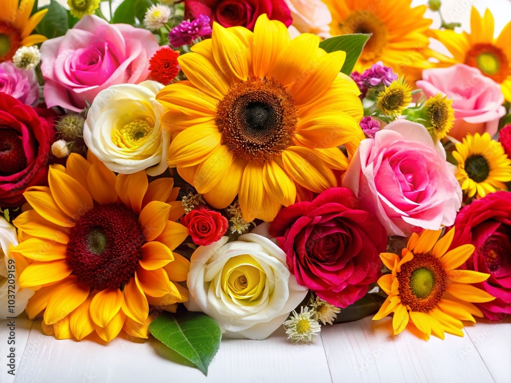 Elegant Floral Arrangement on White Background with Ample Copy Space for Design Projects Elegant Floral Arrangement on White Background with Ample Copy Space for Design Projects