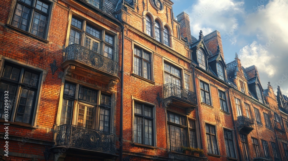 Detailed view of a historic brick building with ornate balconies. Detailed view of a historic brick building with ornate balconies.