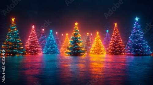 Glowing magic Christmas trees growing outdoors photo