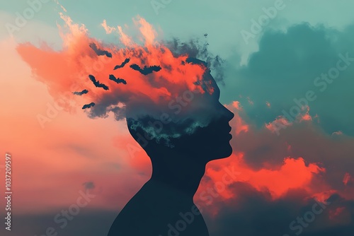 A silhouette of a man with fiery clouds and flying birds emerging from his head, symbolizing the release of thoughts, creativity, and freedom of imagination.