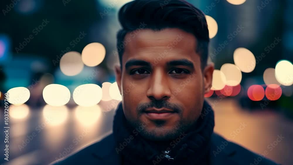Confident man in urban evening scene with bokeh lights Confident man in urban evening scene with bokeh lights