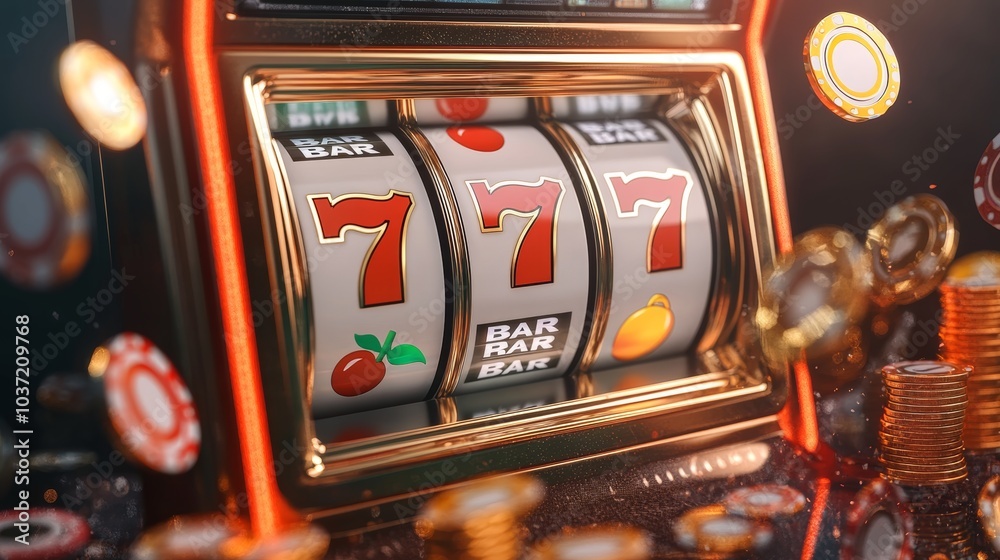 Big Win 777 Jackpot Banner with Neon Lights and Coins Flying Around in Casino Atmosphere Big Win 777 Jackpot Banner with Neon Lights and Coins Flying Around in Casino Atmosphere