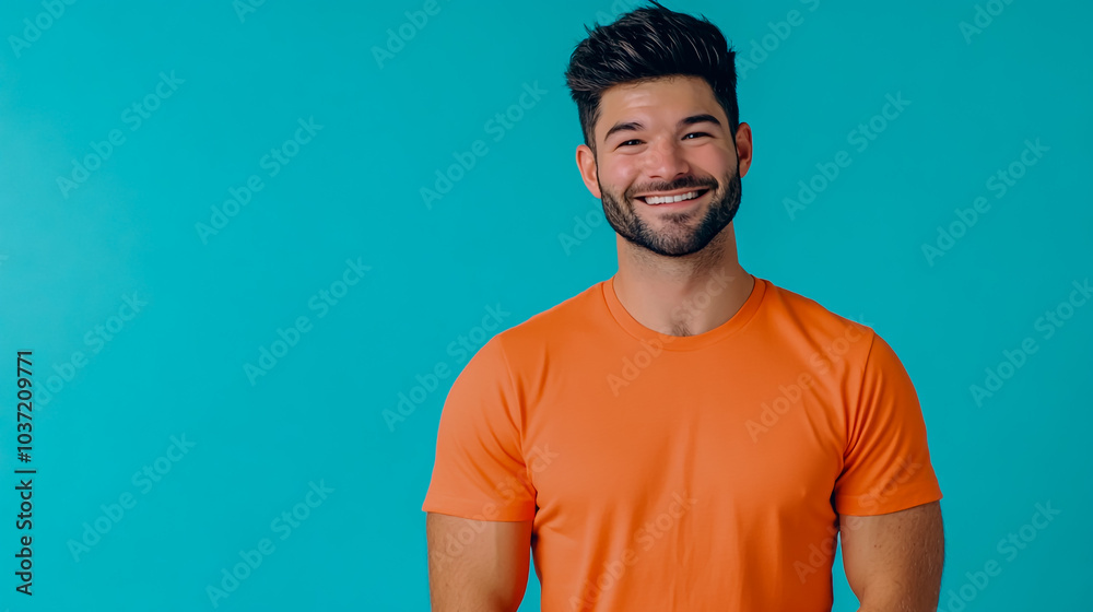 An attractive man, smiling with short black hair and beard stubble. An attractive man, smiling with short black hair and beard stubble.