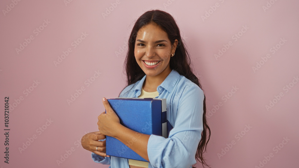 Hispanic woman holding a blue gift box while smiling over a pink isolated background. Hispanic woman holding a blue gift box while smiling over a pink isolated background.
