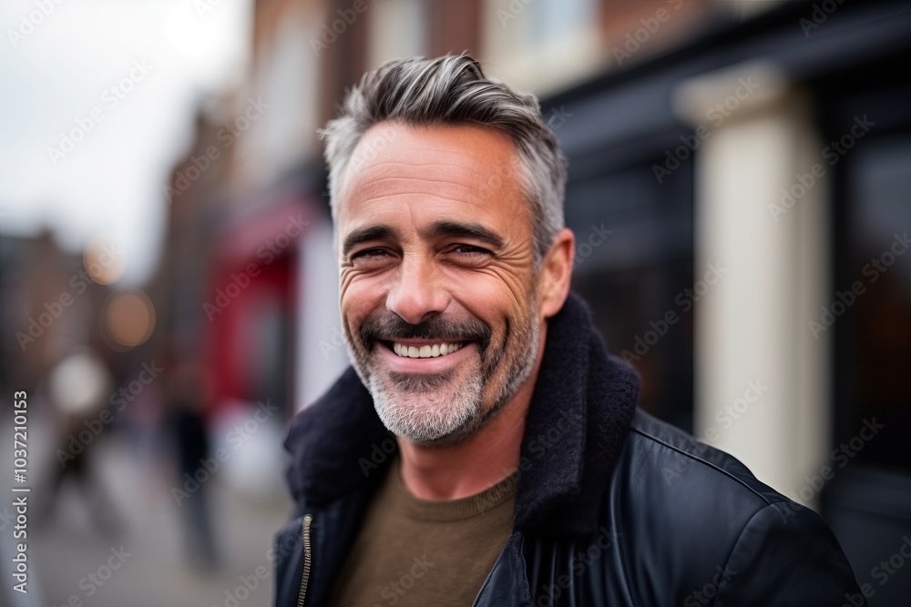 Portrait of a handsome middle-aged man smiling in the city Portrait of a handsome middle-aged man smiling in the city