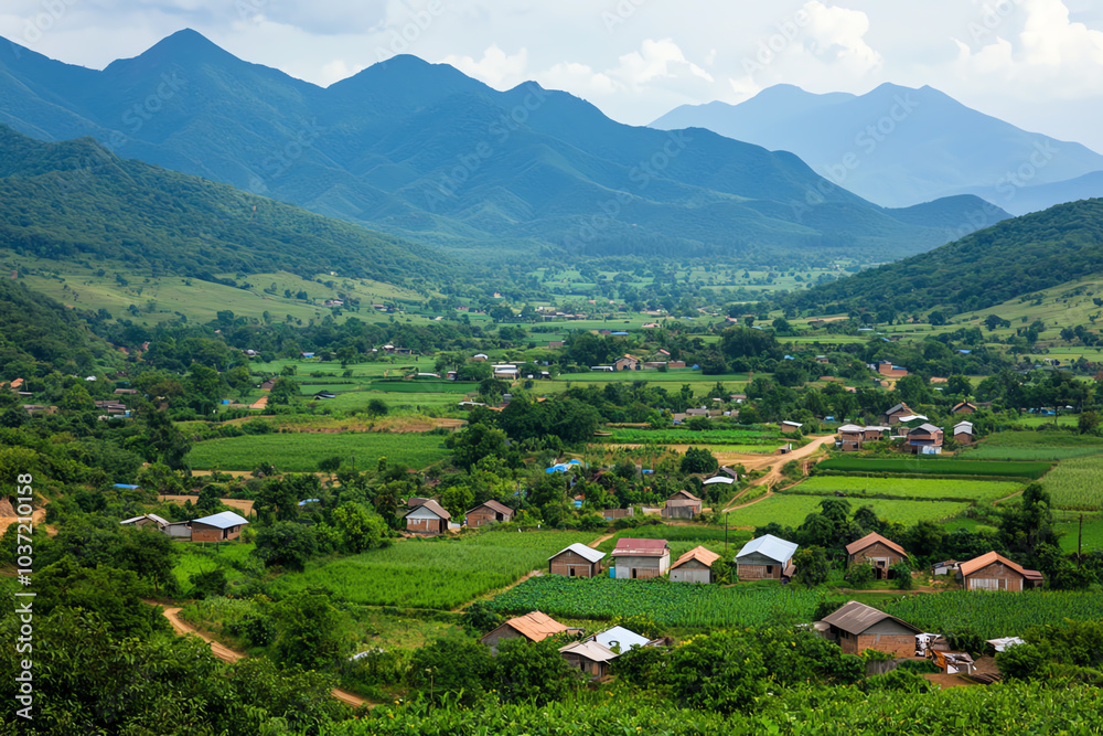 Breathtaking mountain landscape with lush green valleys and serene villages under a clear sky Breathtaking mountain landscape with lush green valleys and serene villages under a clear sky