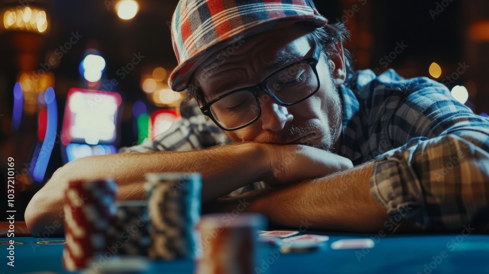 Man Sitting with Head in Hands Devastated after Losing at Casino Man Sitting with Head in Hands Devastated after Losing at Casino