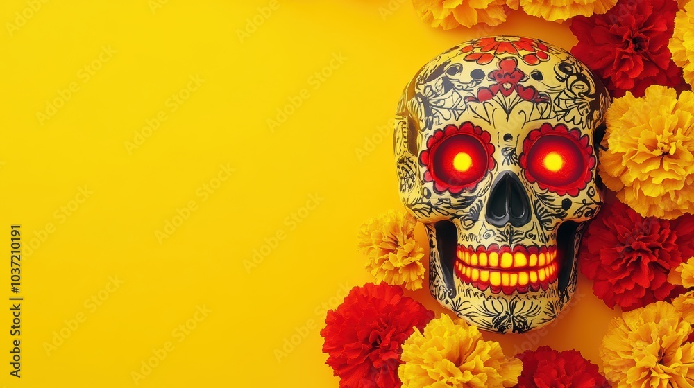A vibrant skull adorned with floral patterns and glowing eyes, surrounded by marigolds against a bright yellow background. A vibrant skull adorned with floral patterns and glowing eyes, surrounded by marigolds against a bright yellow background.