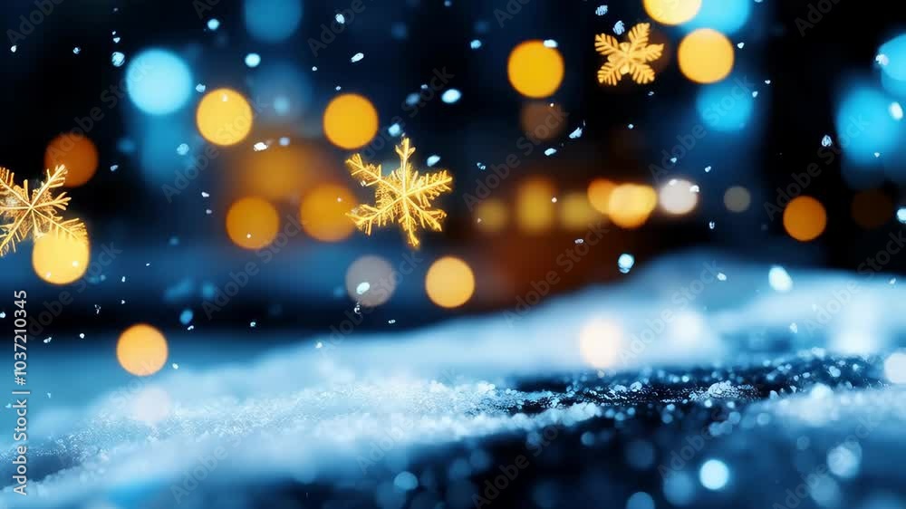 Serene winter scene with delicate snowflakes and glowing lights, evoking calm and festive atmosphere in natures cold, blue embrace. Serene winter scene with delicate snowflakes and glowing lights, evoking calm and festive atmosphere in natures cold, blue embrace.
