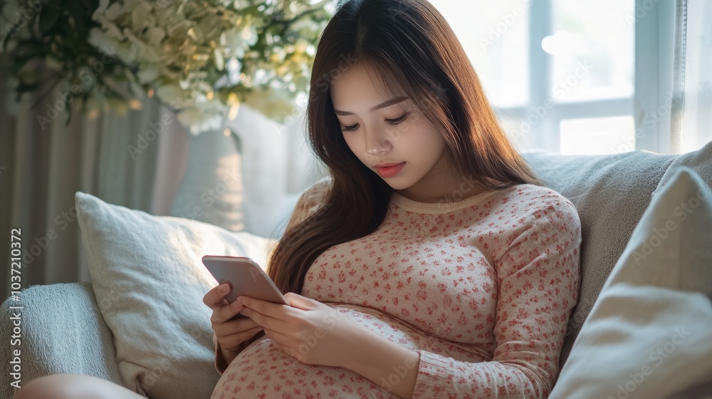 Charming Beautiful Pregnant Woman Looking at Smartphone While Sitting on Couch at Home Charming Beautiful Pregnant Woman Looking at Smartphone While Sitting on Couch at Home
