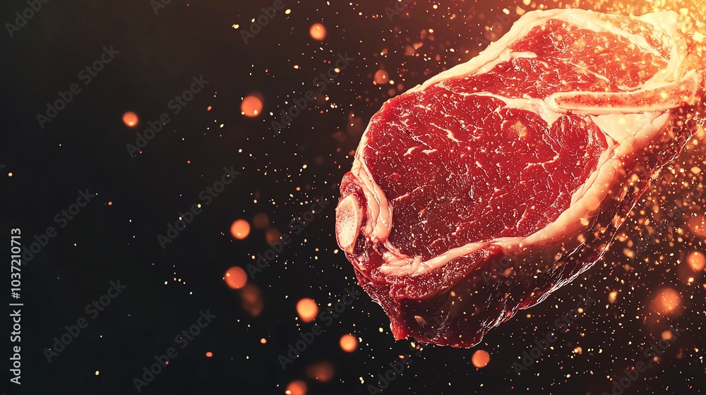 A raw, fresh steak highlighted by sparks, showcasing the beauty of premium meat ready for grilling or cooking. A raw, fresh steak highlighted by sparks, showcasing the beauty of premium meat ready for grilling or cooking.