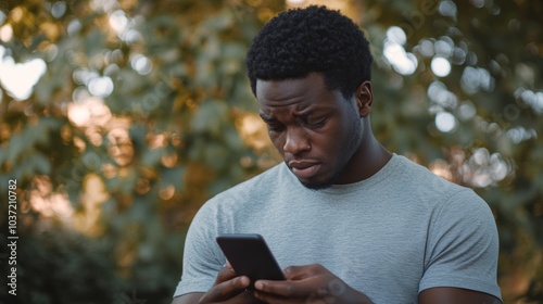 Sad Black Man Complaining Checking His Smartphone in Park During Daytime