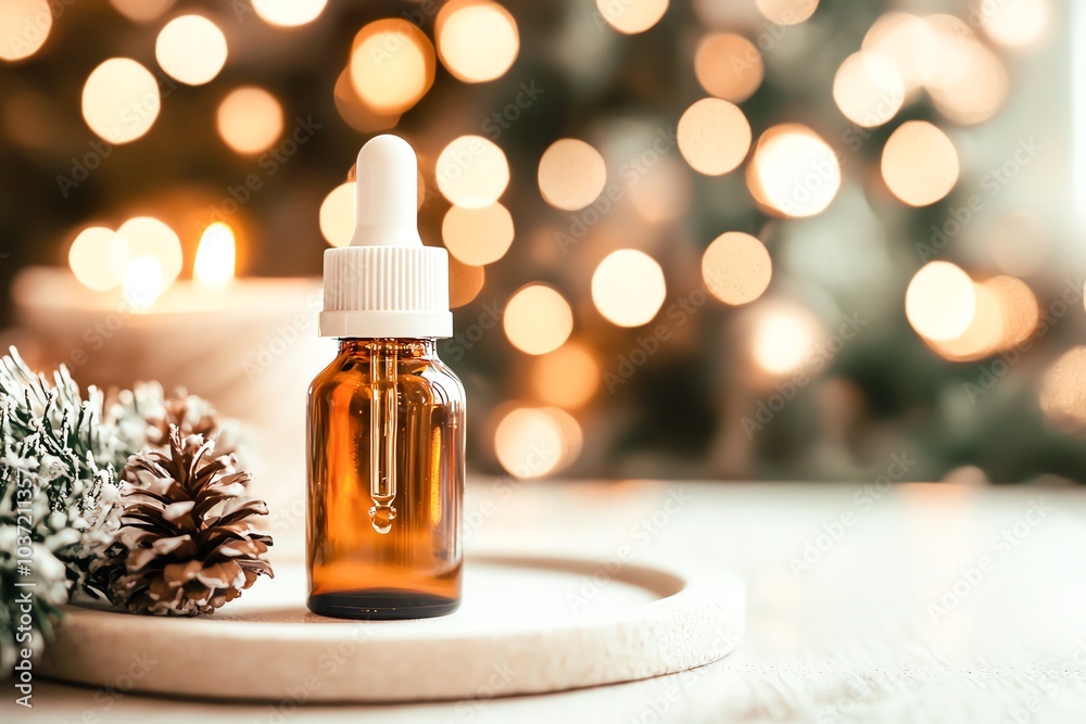 A tranquil setting featuring a dropper bottle on a wooden tray, surrounded by pinecones and soft bokeh lights, evoking relaxation. A tranquil setting featuring a dropper bottle on a wooden tray, surrounded by pinecones and soft bokeh lights, evoking relaxation.