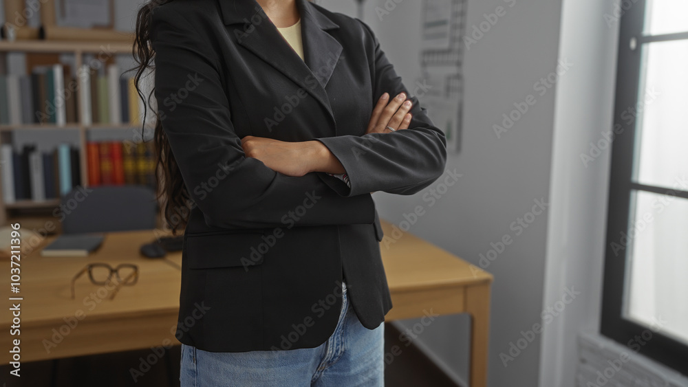 Hispanic woman stands with crossed arms in a modern office interior, showcasing confidence and professionalism. Hispanic woman stands with crossed arms in a modern office interior, showcasing confidence and professionalism.