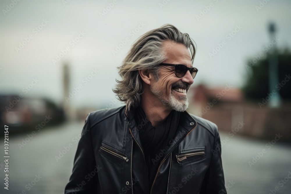 Portrait of handsome mature man with grey hair wearing black leather jacket and sunglasses. Portrait of handsome mature man with grey hair wearing black leather jacket and sunglasses.