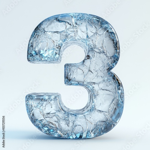 Large ice number 3 with frosty cracks and transparent surfaces, isolated on a white background, ideal for wintry designs, frozen concepts, or icy visual projects.
