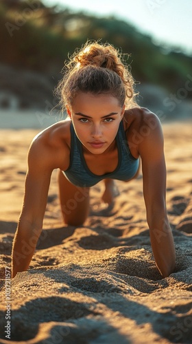 Athletic woman in plank position on sandy beach at golden hour, showcasing strength and determination in outdoor fitness routine by the ocean.