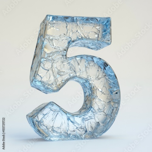 Solid ice number 5 with smooth surfaces and frosty details, cool blue reflections, isolated on white, perfect for cold weather, winter designs, or frozen-themed visuals.
