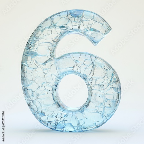 Ice number 6 with smooth, frosty cracks, carved from solid ice, reflecting blue tones, isolated on a white background, perfect for cold weather or winter-themed visuals and designs.
 photo