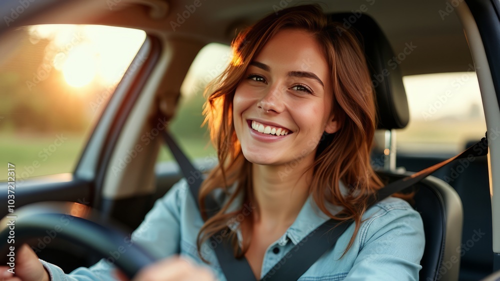 A happy woman is shown driving her car during the golden hour, capturing the essence of freedom and joy. Her smile radiates confidence and contentment. A happy woman is shown driving her car during the golden hour, capturing the essence of freedom and joy. Her smile radiates confidence and contentment.