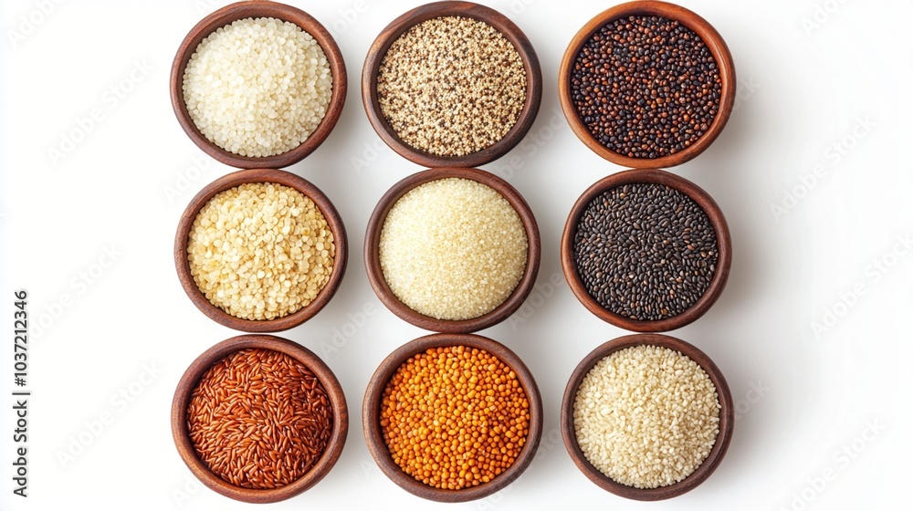 Variety of colorful grains and seeds in small wooden bowls arranged in a neat 3x3 grid on white background, showcasing diverse textures and hues of healthy ingredients. Variety of colorful grains and seeds in small wooden bowls arranged in a neat 3x3 grid on white background, showcasing diverse textures and hues of healthy ingredients.