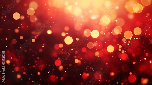 Glowing Red Background with Sparkling Golden Bokeh Lights for Festive Atmosphere