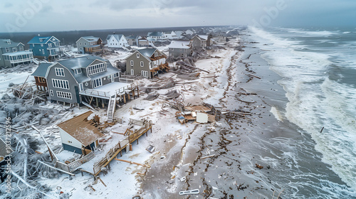 Aerial view of coastal town after hurricane, with uprooted trees, destroyed homes, and debris scattered across the beach, capturing the devastating aftermath of the storm.