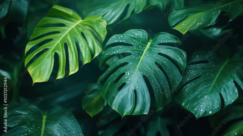 Fototapeta premium Lush green tropical leaves with raindrops.