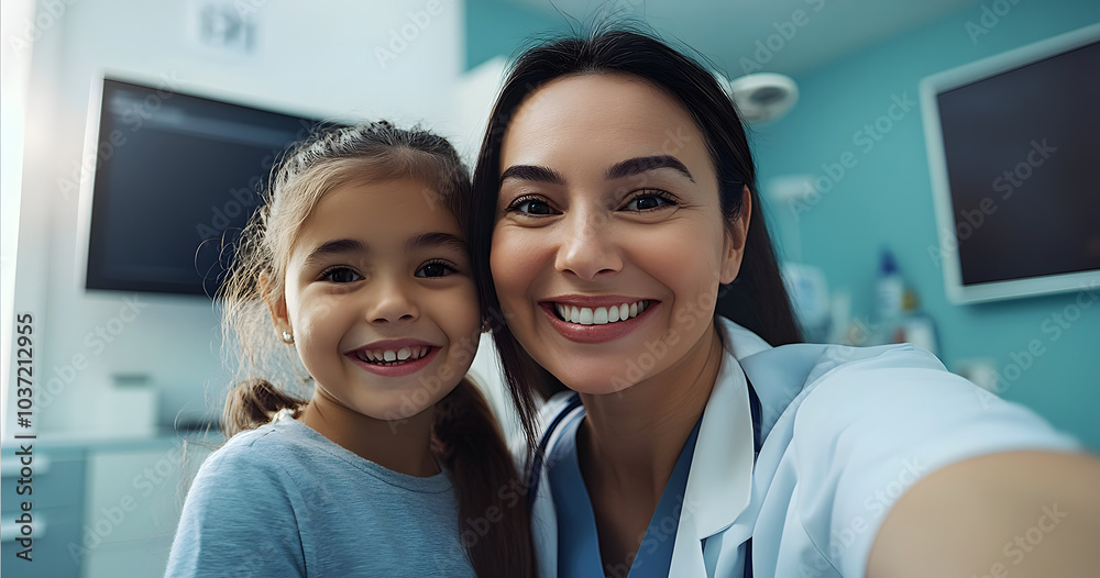 Mature woman, doctor and selfie with girl as patient with smile at clinic for social media and profile picture. People, pediatrician and happy with kid on portrait, confidence or pride for healthcare