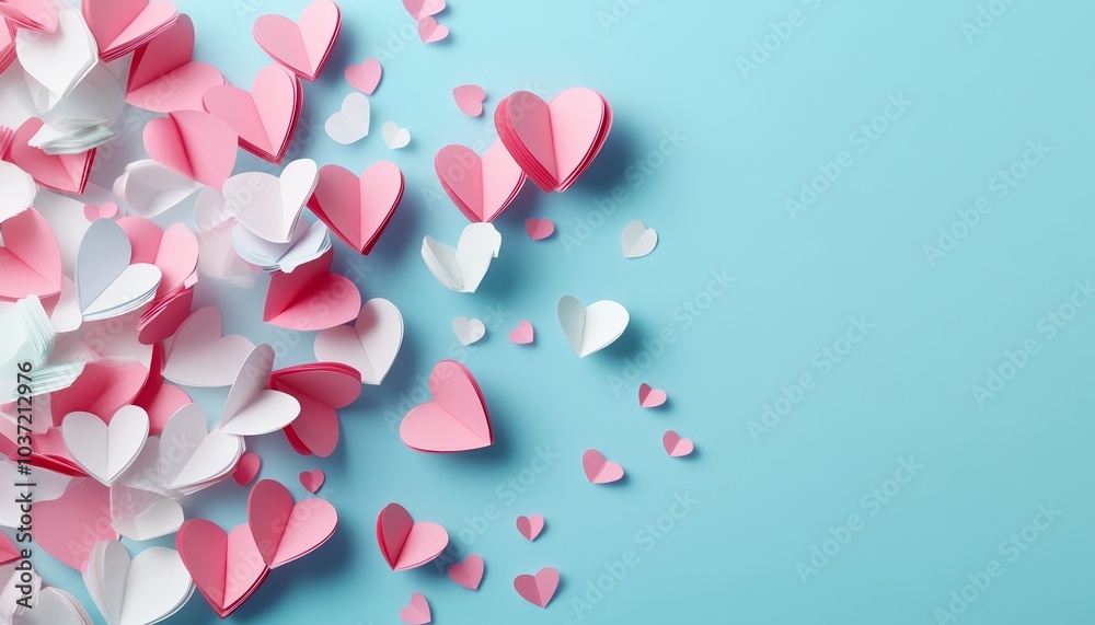 Scattered Paper Hearts in Shades of Pink Blue on White Background Scattered Paper Hearts in Shades of Pink Blue on White Background