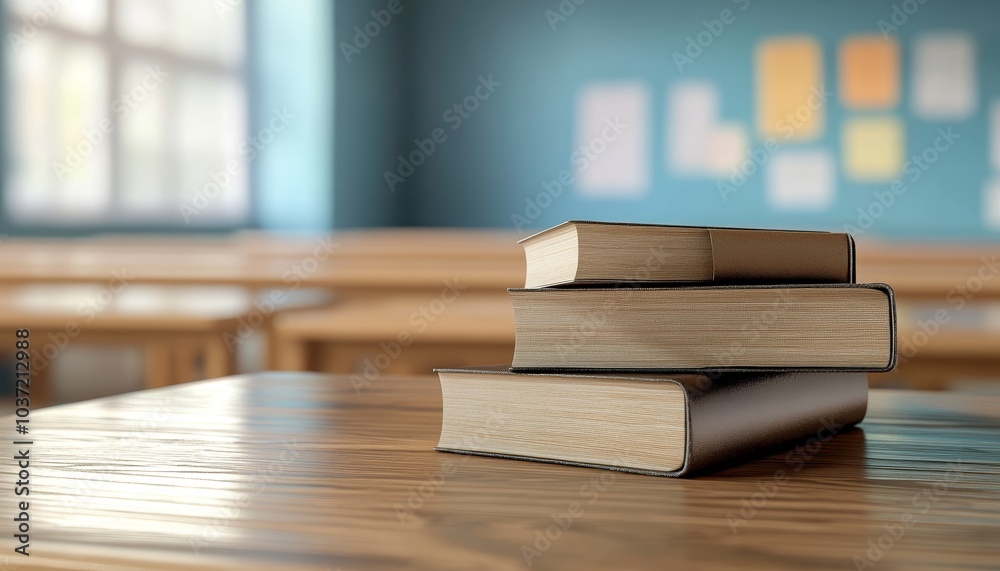 Book Pile on Empty Blank Wooden Desk in Cozy Library Setting Book Pile on Empty Blank Wooden Desk in Cozy Library Setting