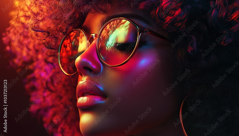 Profile of Woman with Curly Hair Wearing Reflective Sunglasses Profile of Woman with Curly Hair Wearing Reflective Sunglasses