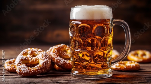 A frothy mug of golden beer stands beside traditional Bavarian pretzels on a rustic wooden table, evoking the warm ambiance of an Oktoberfest celebration. photo