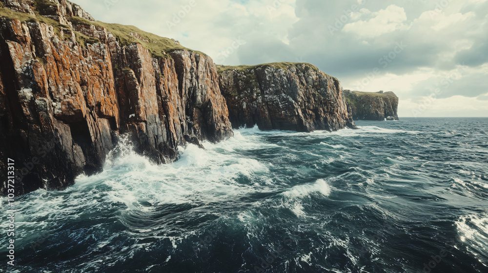 Obraz premium A rocky coastline on an island, with waves crashing dramatically against the cliffs.