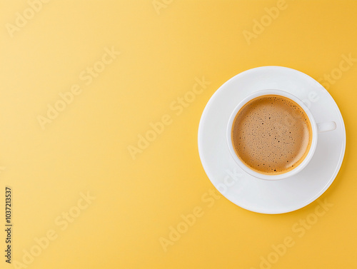 Cup of coffee on gold black background. Minimalistic flat lay. Top view.