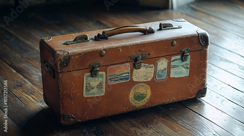 Vintage 1940s Suitcase with Travel Stickers on Wooden Floor