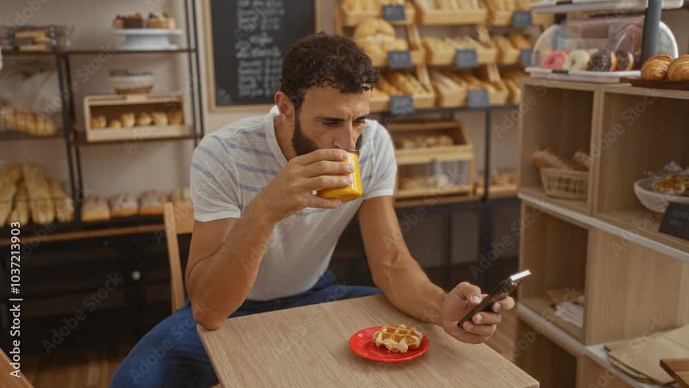 Young man with beard in a bakery drinking coffee and using smartphone while enjoying a pastry in a cozy indoor setting Young man with beard in a bakery drinking coffee and using smartphone while enjoying a pastry in a cozy indoor setting