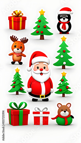 isolated holiday icons including santa tree gifts animals bright white background creative use