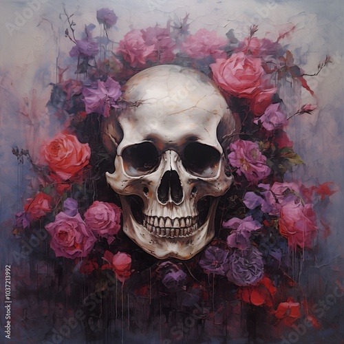 Human Skull and Flowers